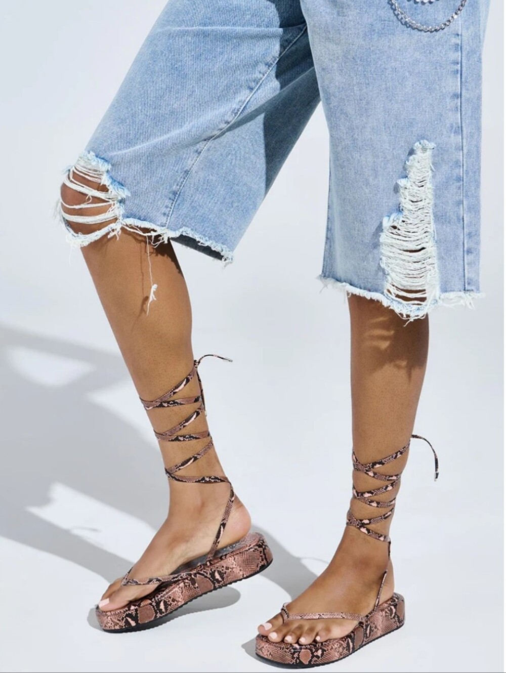 AKIRA Brown Snakeskin Lace Up Platform Sandals